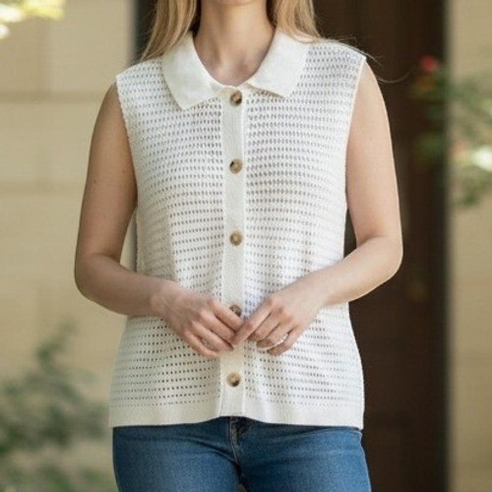 J. Jill Crochet Knit Vest Womens Large White Sleeveless Button Front Mesh Collar